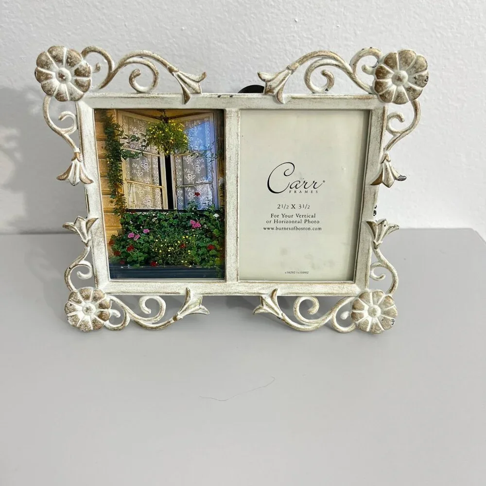 Carr Dual 2x3 White Ornate Metal Floral Picture Frame With Easel Back Vintage-In